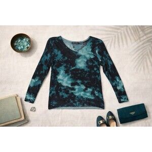 Silk Linen Blend Sheer Knit Top L Teal Abstract Lightweight Layering Blouse